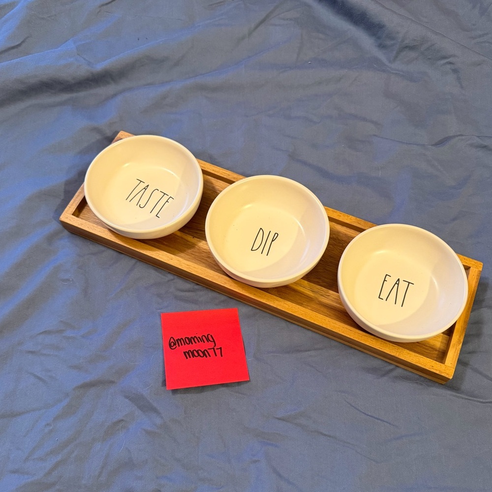 Rae Dunn Cream Ceramic Trio 'TASTE DIP EAT' with Wooden Tray